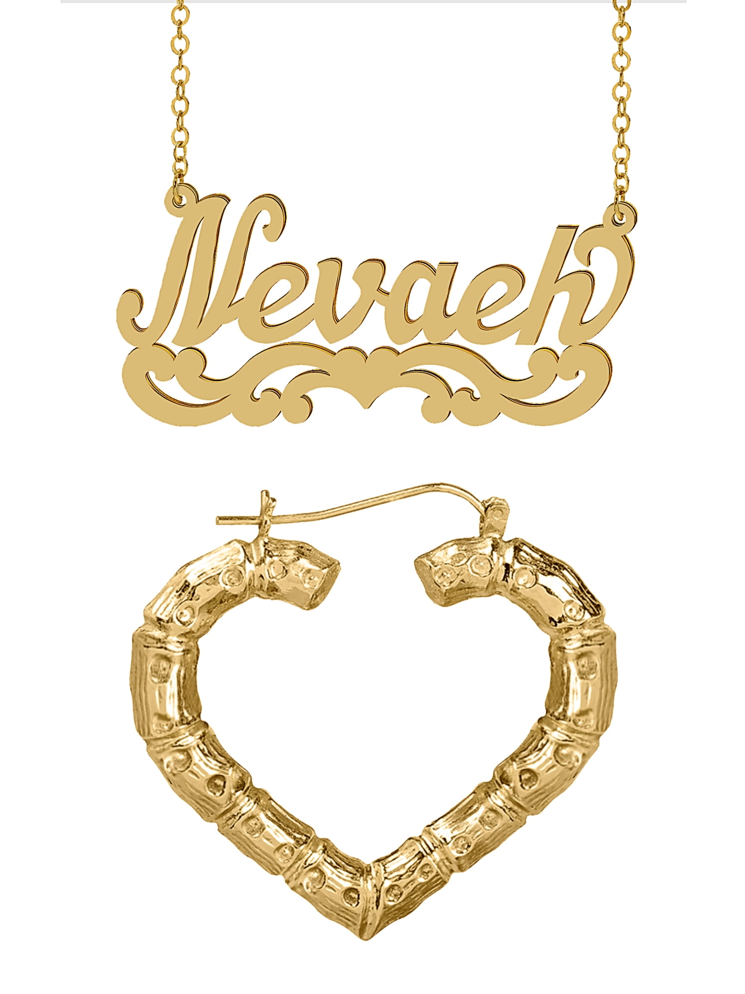 Personalized Set of Necklace and Naked Bamboo Earrings. Script Font.