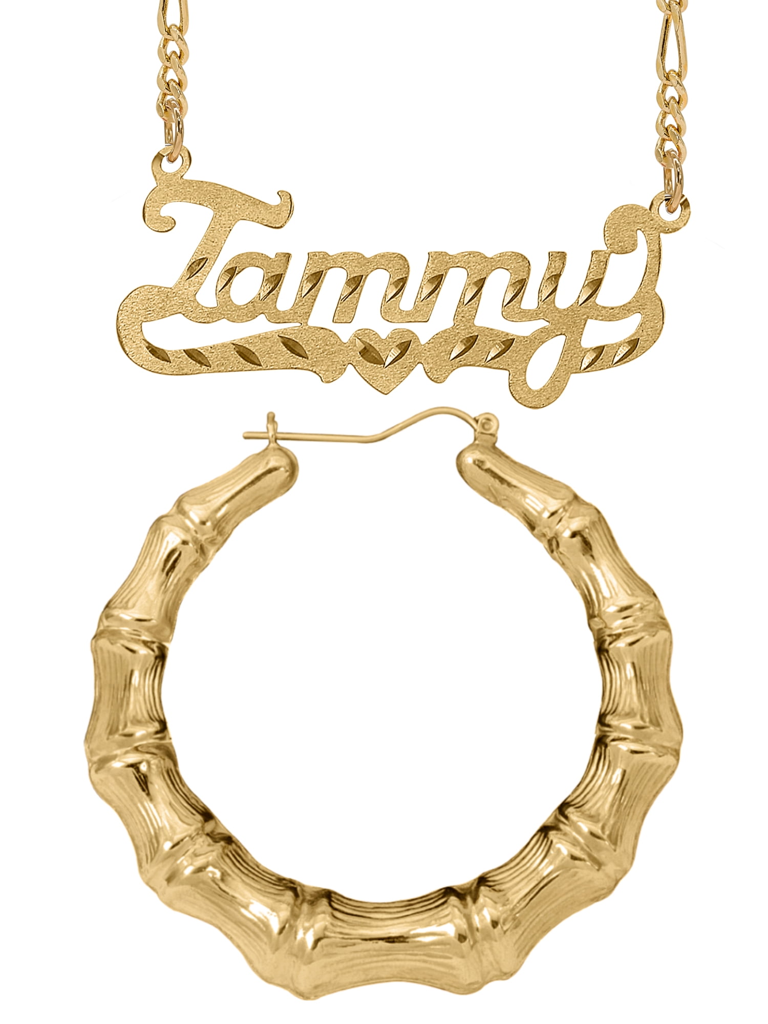 Personalized Set of Necklace and Naked Bamboo Earrings. Script Font.
