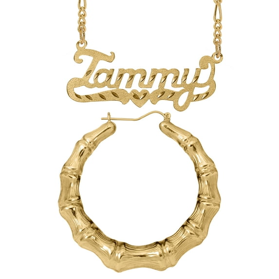 Personalized Set of Necklace and Naked Bamboo Earrings. Script Font.