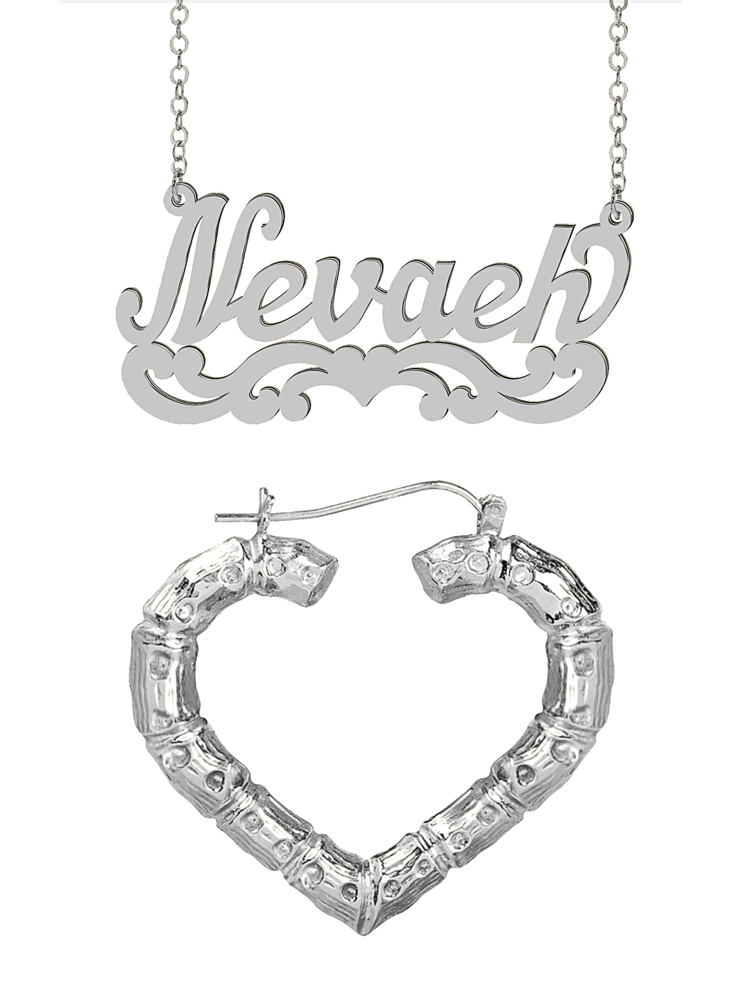 Personalized Set of Necklace and Naked Bamboo Earrings. Script Font.