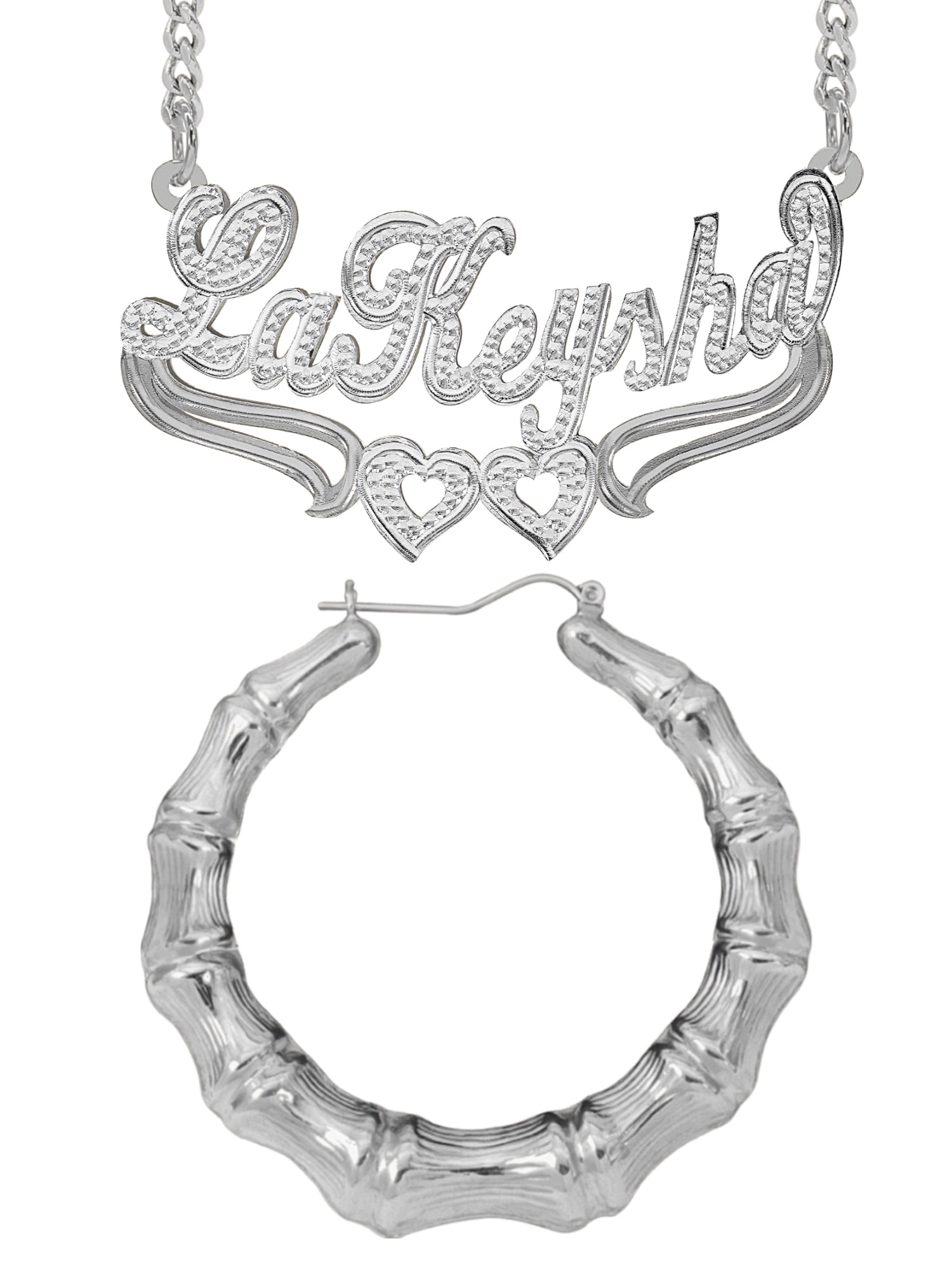 Personalized Set of Necklace and Naked Bamboo Earrings. Script Font.