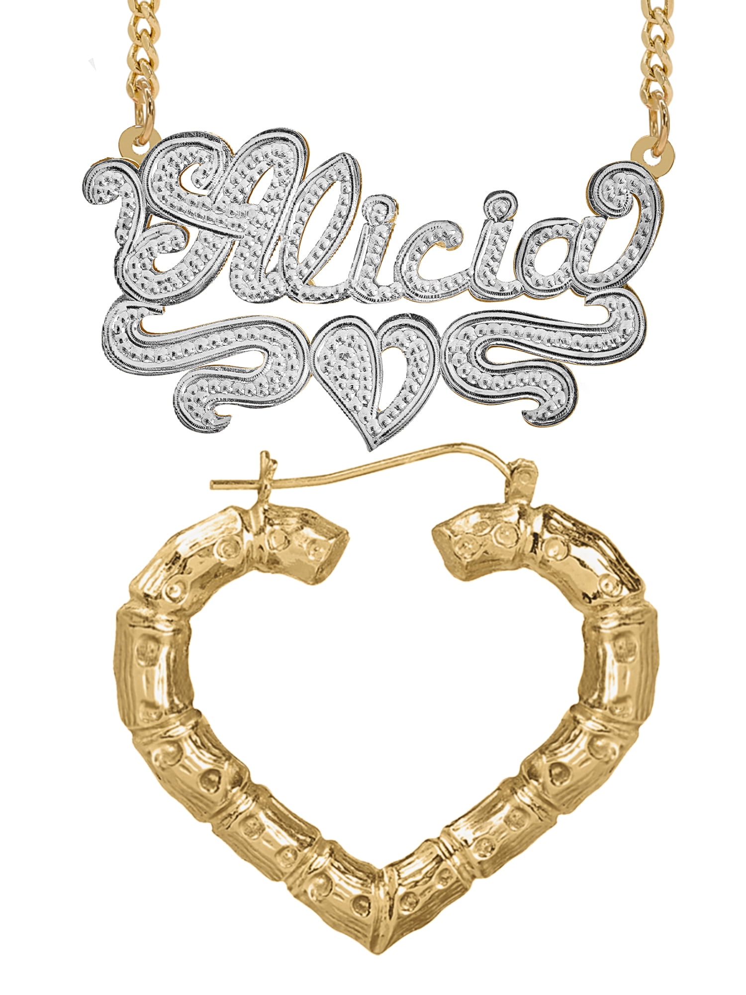 Personalized Set of Necklace and Naked Bamboo Earrings. Script Font.