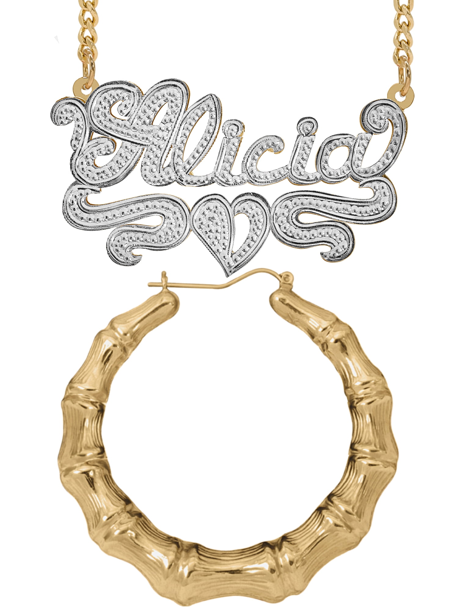 Personalized Set of Necklace and Naked Bamboo Earrings. Script Font.