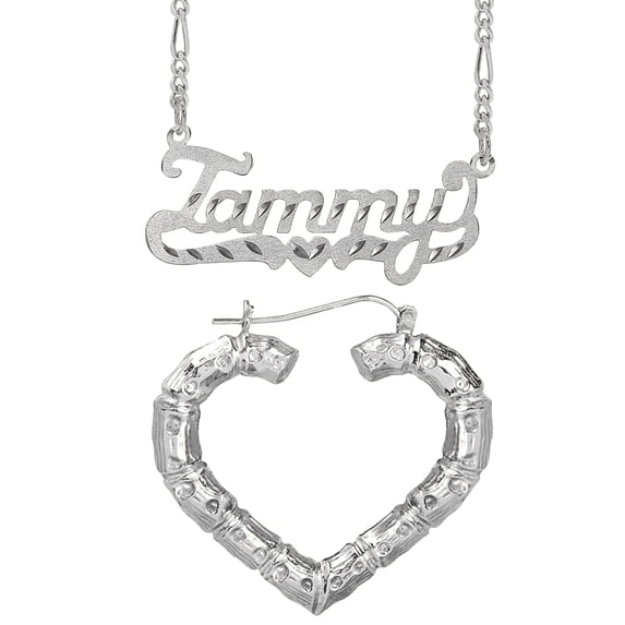 Personalized Set of Necklace and Naked Bamboo Earrings. Script Font.