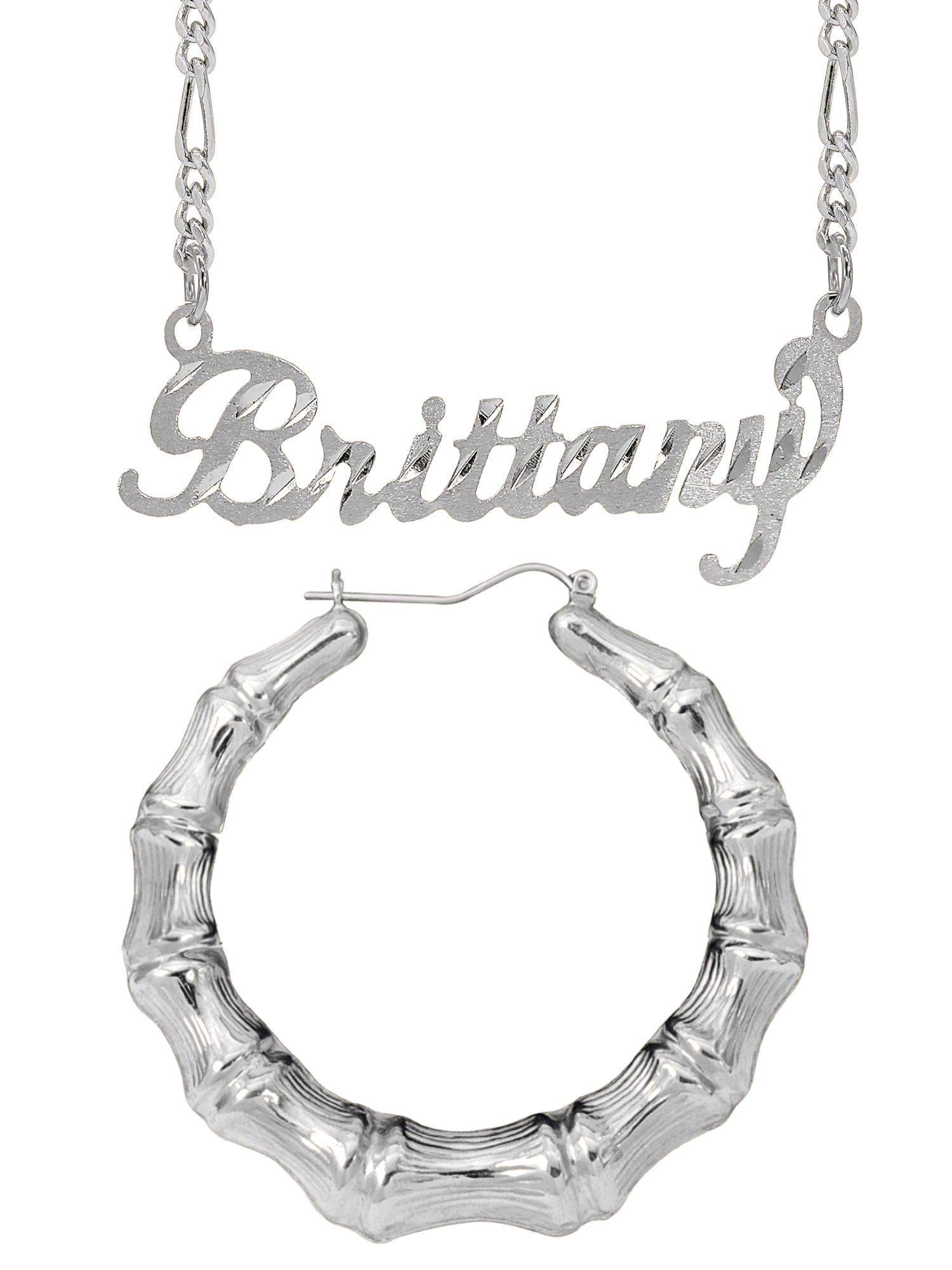 Personalized Set of Necklace and Naked Bamboo Earrings. Script Font.