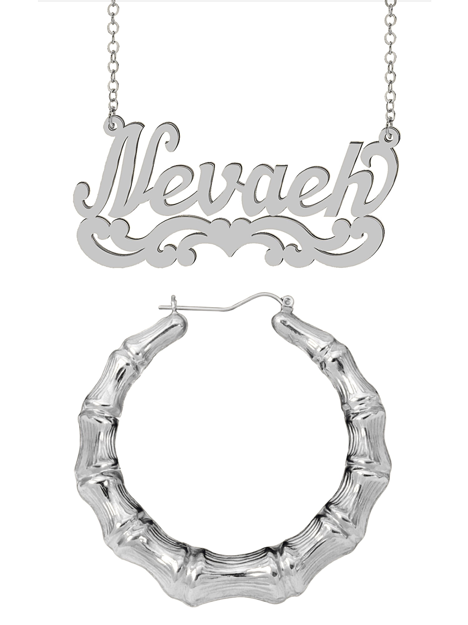 Personalized Set of Necklace and Naked Bamboo Earrings. Script Font.