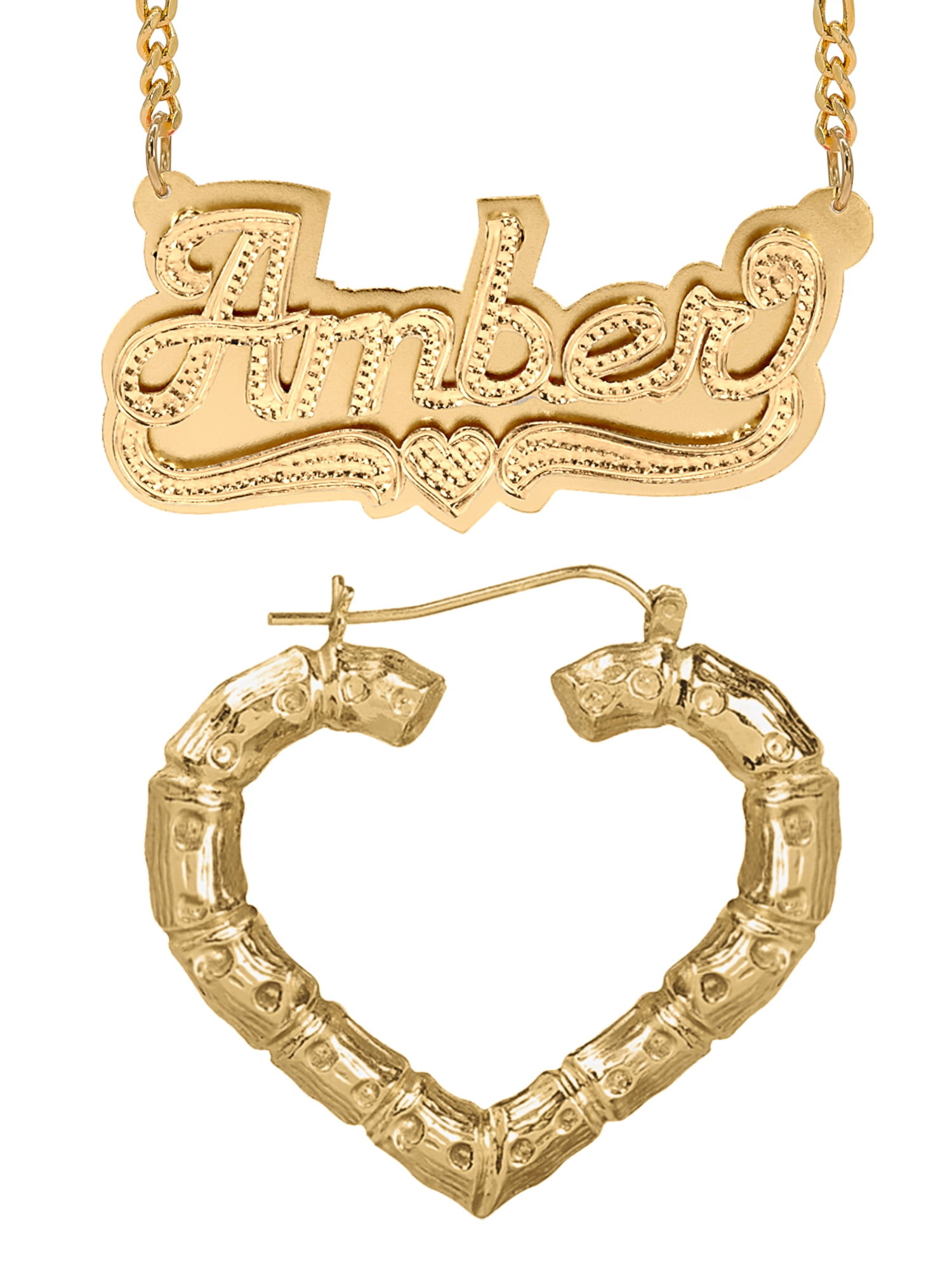 Personalized Set of Necklace and Naked Bamboo Earrings. Script Font.