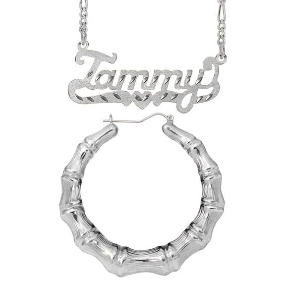 Personalized Set of Necklace and Naked Bamboo Earrings. Script Font.