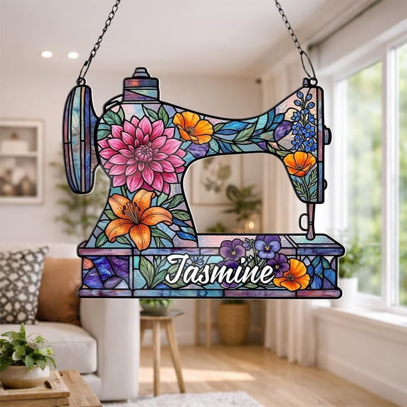 Personalized Sewing Machine Suncatcher Acrylic Floral Custom Name Gift for Sewist