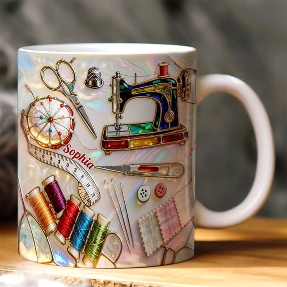 Personalized Sewing Mug, Love Sewing Stained Glass 3D Ceramic Coffee Mug, Custom Quilter Gift, Sewing Lover Present 2026