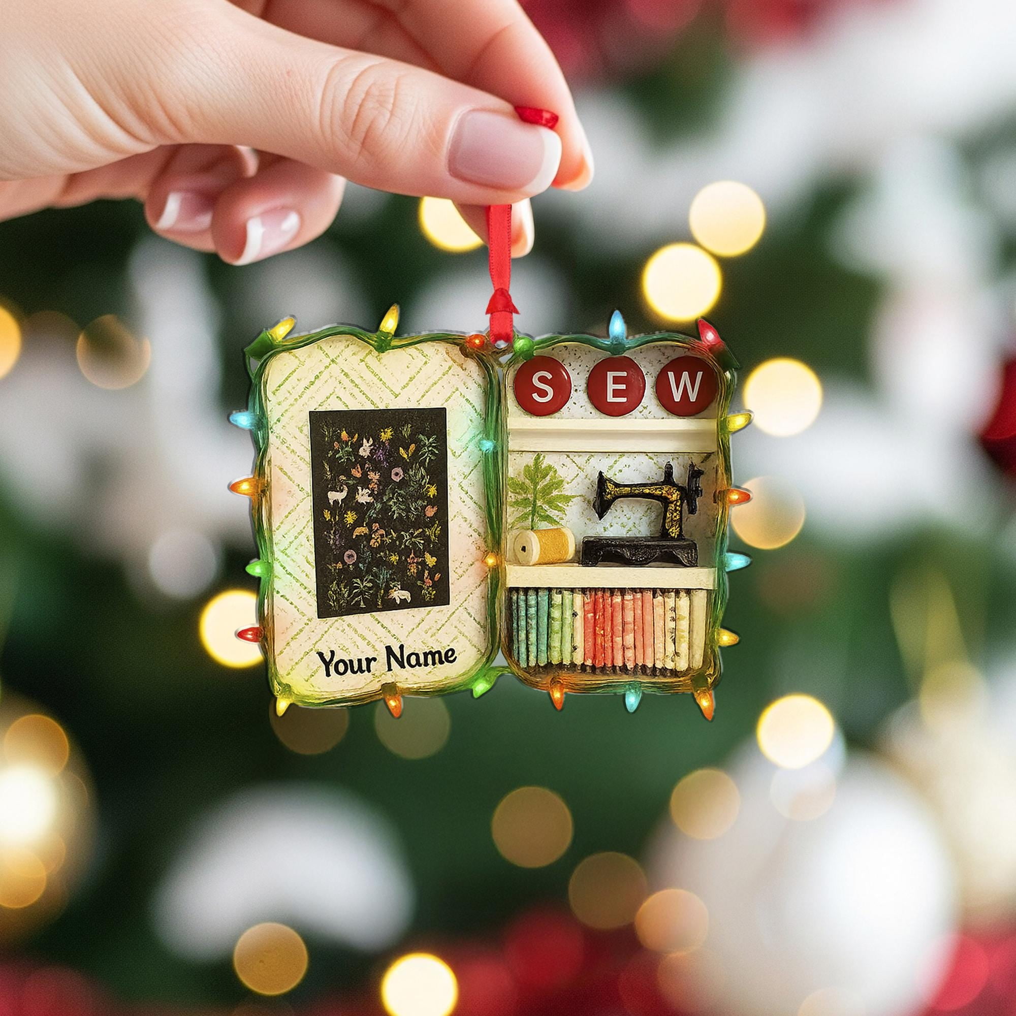 Personalized Sewing Pattern Book Acrylic Christmas Ornament with Lights Custom Name Seamstress/Quilter Holiday Tree Decor, Craft Room Keepsake