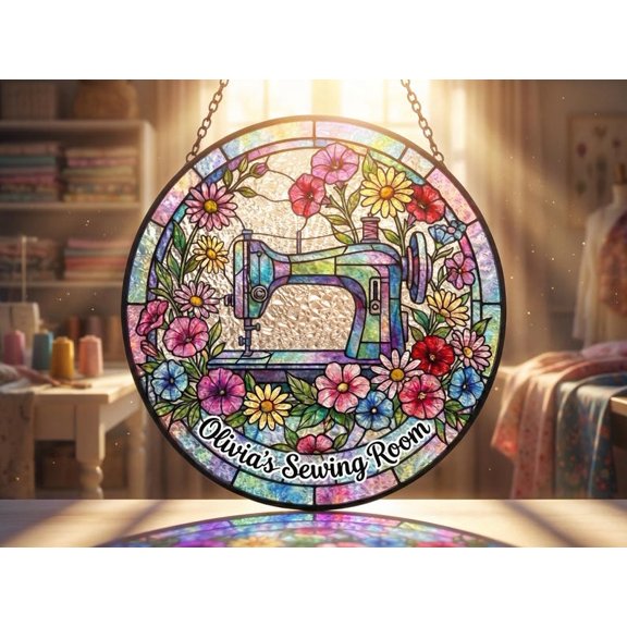 Personalized Sewing Stained Glass Suncatcher, Custom Craft Room Round Glass Window Art, Quilter Gift for Sewing Lovers