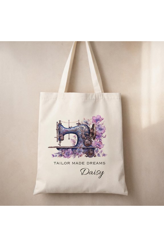 Personalized SewingThemed Tote Bag Custom Name Canvas Bag with Sewing Machine Design