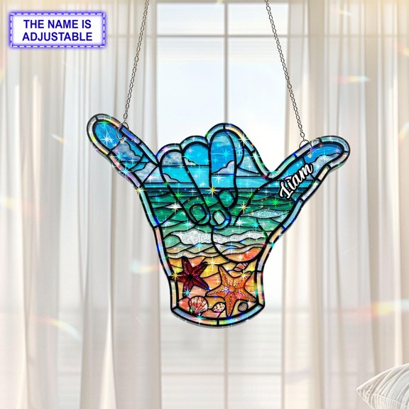 Personalized Shaka Hand Acrylic Suncatcher, Custom Name Holographic Window Hanging Decor, Ocean Lover Gift