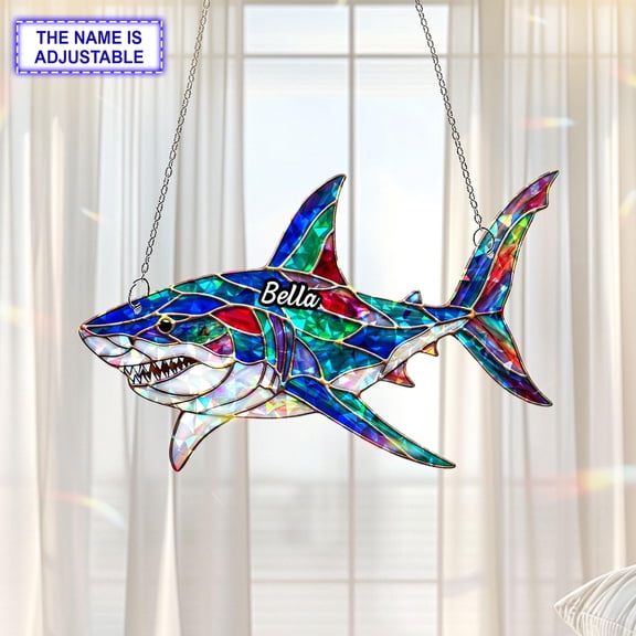 Personalized Shark Acrylic Suncatcher, Custom Name Holographic Window Hanging Decor, Ocean Lover Gift