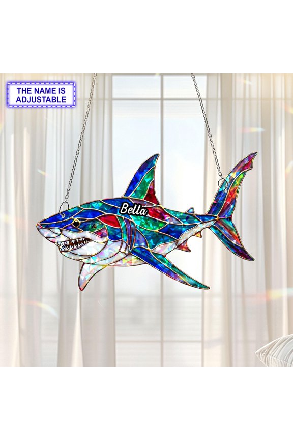 Personalized Shark Acrylic Suncatcher, Custom Name Holographic Window Hanging Decor, Ocean Lover Gift