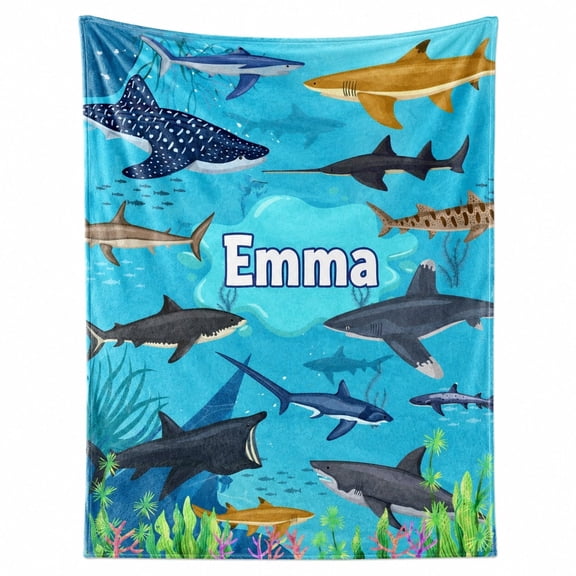Personalized Shark Fleece Throw Blanket, Custom Name Ocean Shark Art 3D Print Polyester Blanket, 280GSM Home Decor Gift