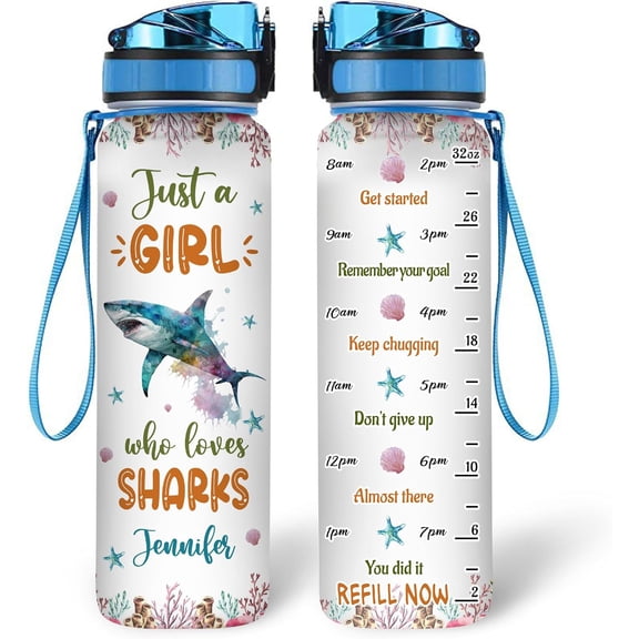 Personalized Shark Lovers 32 Oz 1Liter Motivational Water Bottle With Time Marker, Just A Girl Who Loves Sharks, Sea Animal Lovers Gifts For Women, Girl On Birthday, Christmas