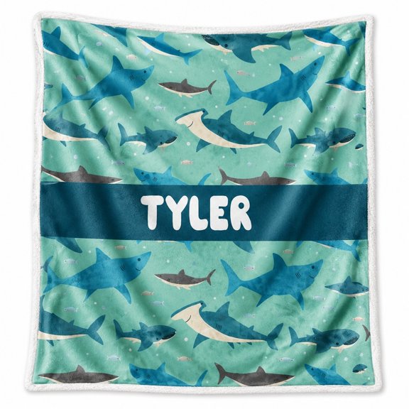 Personalized Shark Sherpa Blanket, Custom Name Fleece Throw, 2 Layer Polyester Fleece & Sherpa Blanket, Multiple Sizes