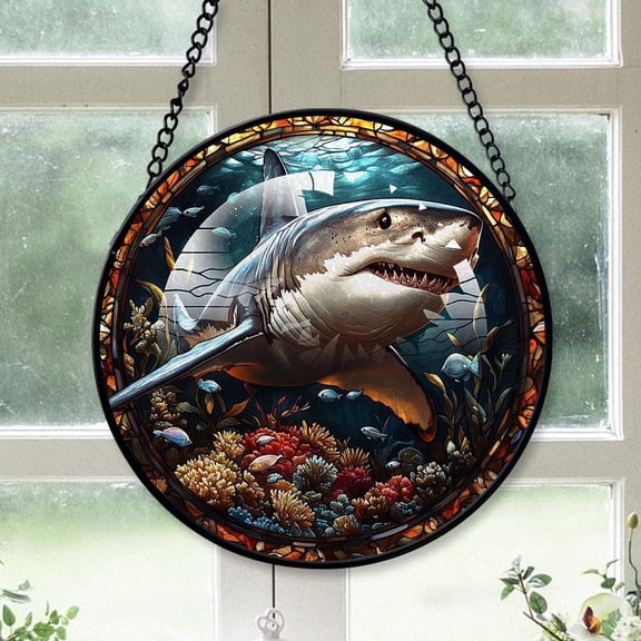Personalized Shark Stained Glass Suncatcher Artistic Window Hanging, Shark 78 Hand-Painted Glass Panel Wall Home Decor, Shark Garden Decor iti2C5 (Shark 4)
