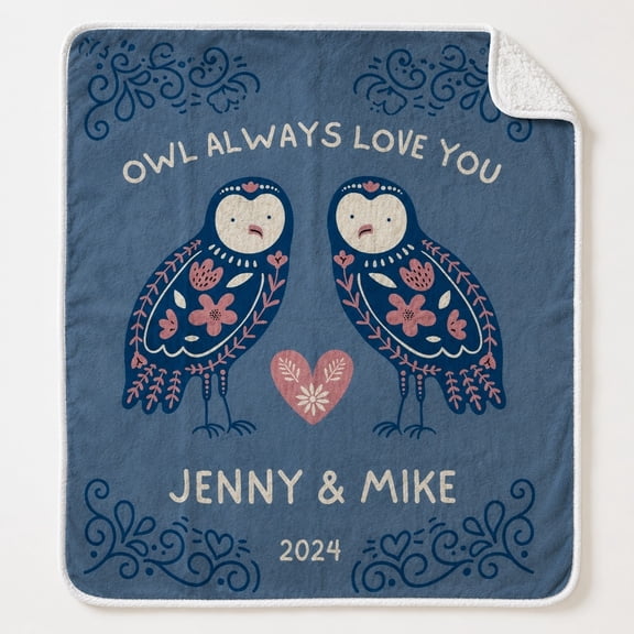 Personalized Sherpa Blanket Custom Name & Date Owl Couple Folk Art Design Gift for Couples Anniversary Wedding