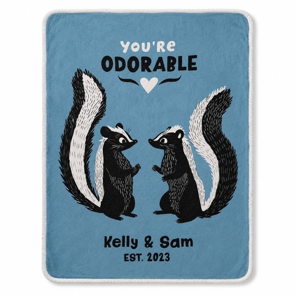 Personalized Sherpa Blanket, Custom Name Date Text Throw, 2-Layer Polyester Fleece & Sherpa, Skunk Design