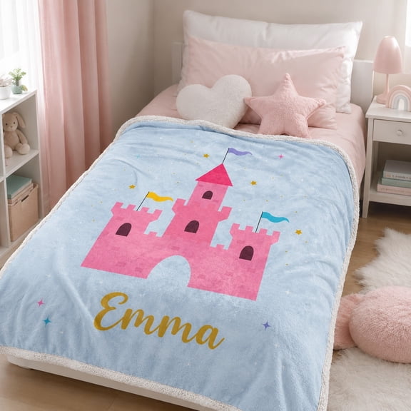 Personalized Sherpa Blanket, Princess Castle Fleece Throw, Custom Name Blanket, Soft 2-Layer Sherpa, 30x40 to 60x80 in