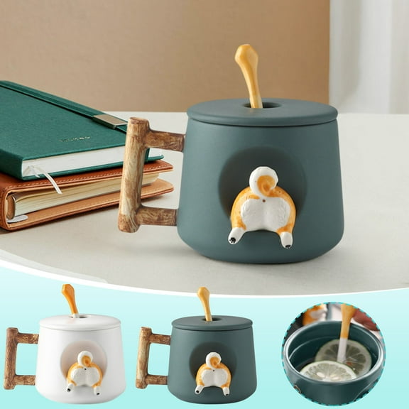 Personalized Shiba Dog Ceramic Mug Set 420ml with Lid and Spoon, 3D Cute Design Wood Grain Handle, Scratch-Resistant Coffee Tea Cup, Perfect Gift for Dog Lovers