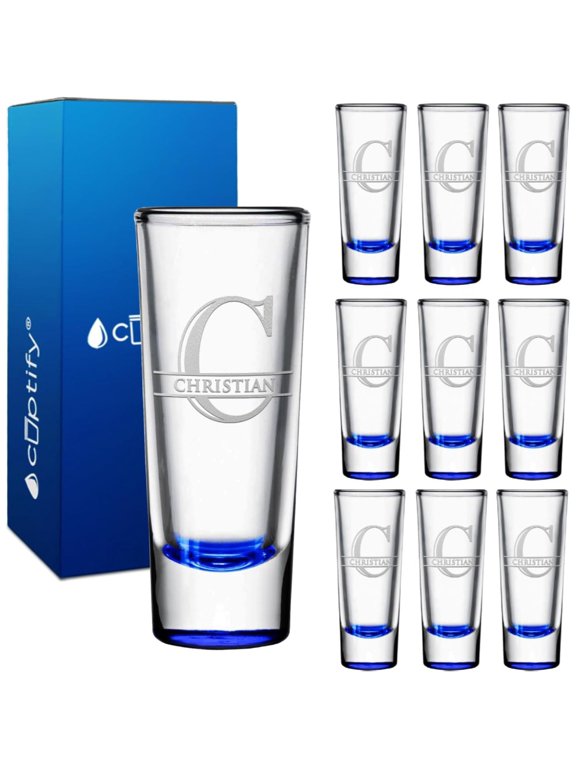 Personalized Shot Glasses Set of 10, Blue Bottom, Glass, 2 oz Cordial, Initial and Name Customization, for Gifts, Weddings, Birthdays, Parties, Events, Decorations