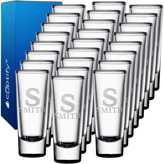 Personalized Shot Glasses Set of 25 Black Bottom Custom 2 oz Cordial Shot Glass Initial and Name for Gifts, Weddings, Birthdays, Party, Event, Decorations