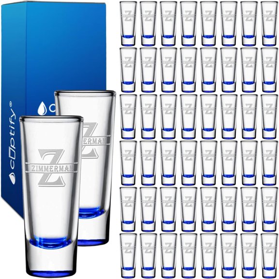 Personalized Shot Glasses Set of 50 Blue Bottom Custom 2 oz Cordial Shot Glass Initial and Name for Gifts, Weddings, Birthdays, Party, Event, Decorations