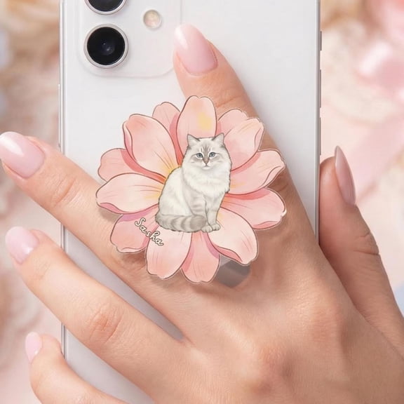 Personalized Siberian Cat Phone Grip, Floral Acrylic Mag Safe Holder, Phone Pop Stand, Siberian Cat Lover Gift