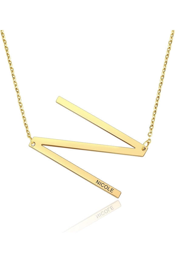 Personalized Sideways Initial Necklaces For Women Girlfriend Custom Engraved Name Stainless Steel Large Big Letters Pendant Necklace Fashion Jewelry Gift For Birthday Anniversary[Z2688]