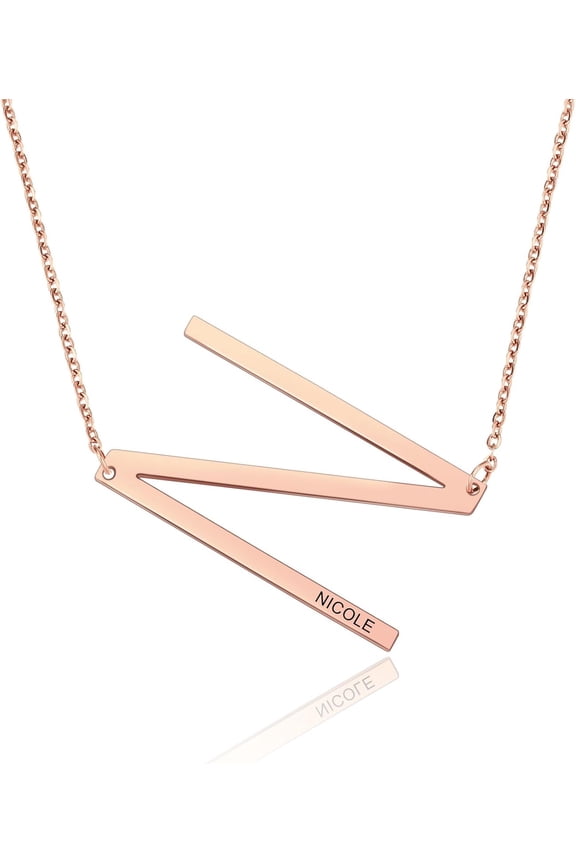 Personalized Sideways Initial Necklaces For Women Girlfriend Custom Engraved Name Stainless Steel Large Big Letters Pendant Necklace Fashion Jewelry Gift For Birthday Anniversary[Z2651]