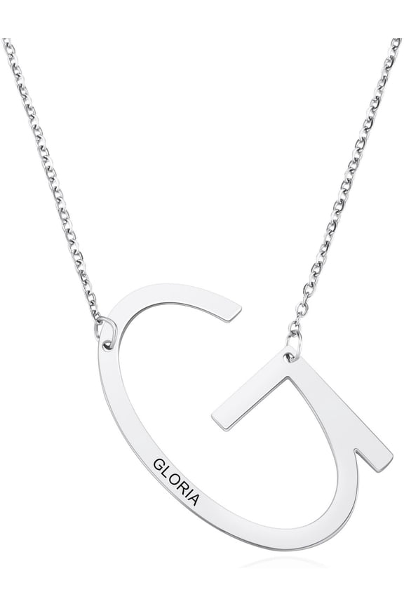 Personalized Sideways Initial Necklaces For Women Girlfriend Custom Engraved Name Stainless Steel Large Big Letters Pendant Necklace Fashion Jewelry Gift For Birthday Anniversary[Z2682]