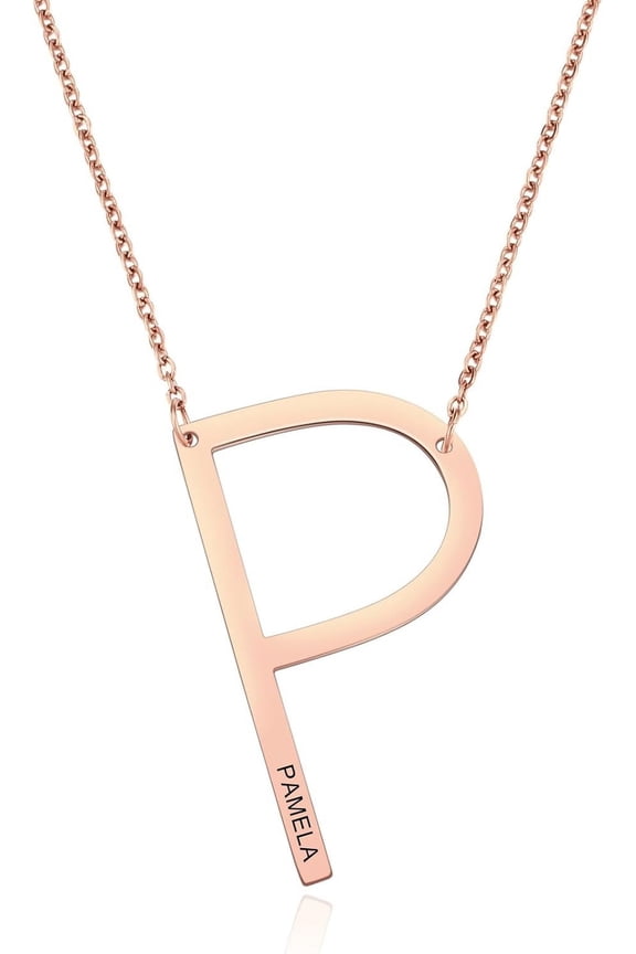 Personalized Sideways Initial Necklaces For Women Girlfriend Custom Engraved Name Stainless Steel Large Big Letters Pendant Necklace Fashion Jewelry Gift For Birthday Anniversary[Z2647]