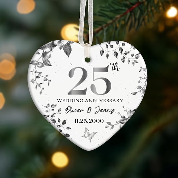Personalized Silver 25th Anniversary Gift, 25th Wedding Anniversary Ceramic Ornament, Custom Keepsake Gift for Parents