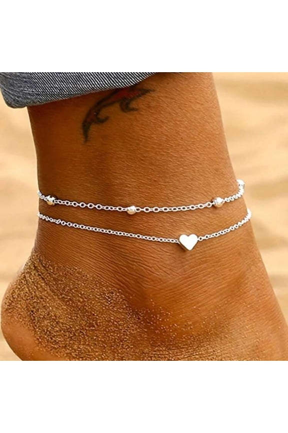 Personalized Silver Double Layer Heart Anklet Beach Foot Jewelry for Women
