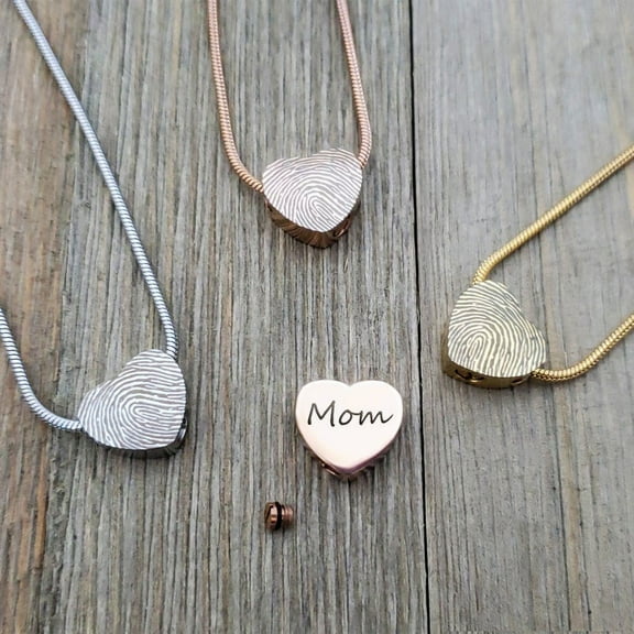 Personalized Silver Mini Heart Fingerprint Cremation Necklace Stainless Steel Urn Ashes Holder Memorial Jewelry with Free Funnel Kit and Velvet Jewelry Box