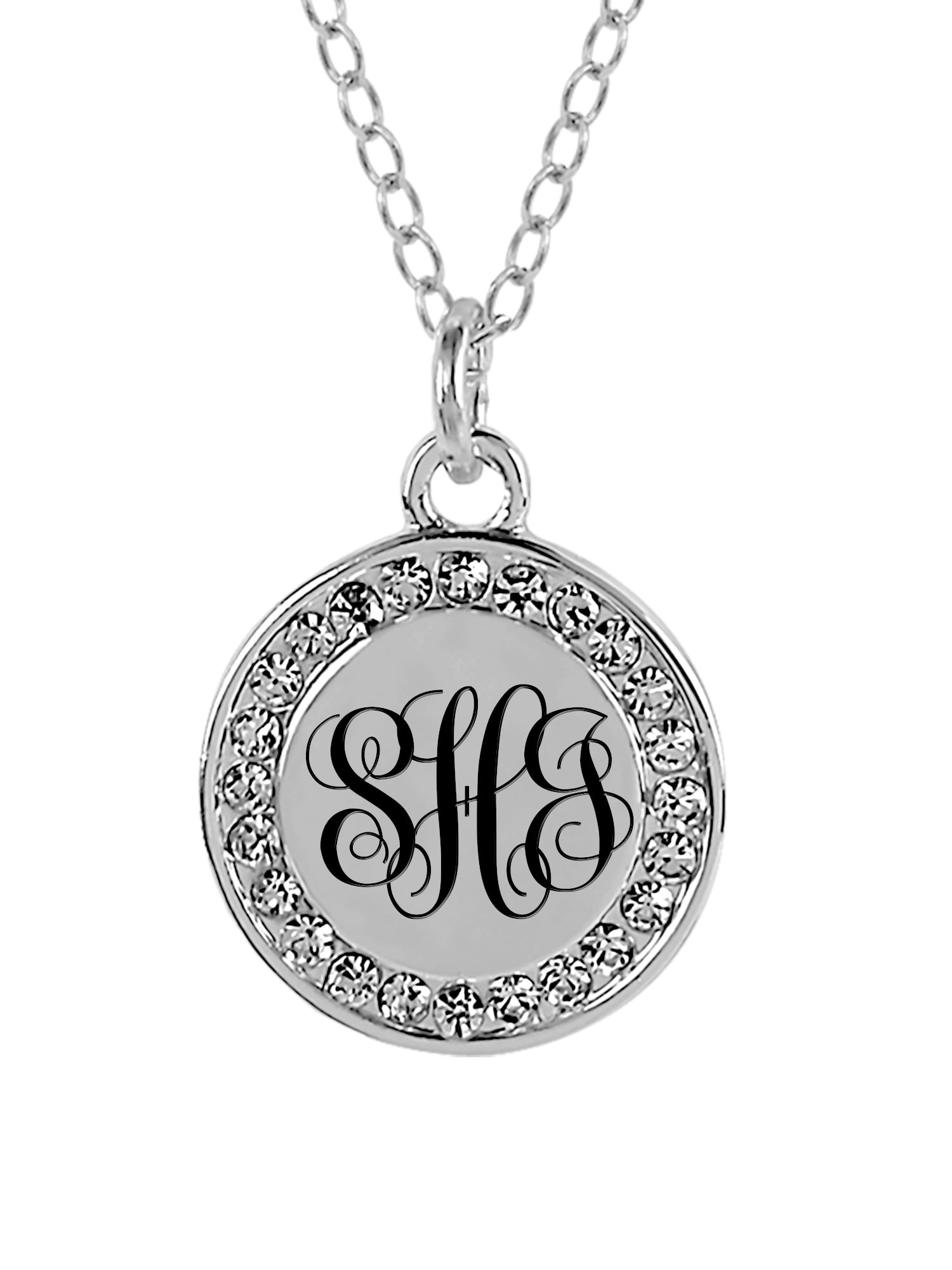 Personalized Silver Plated or Gold Tone Laser Engraved 2-Initial Disk Necklace with Cubiz Zirconia On Border with 18 inch Link Chain. Spring Ring Clasp.