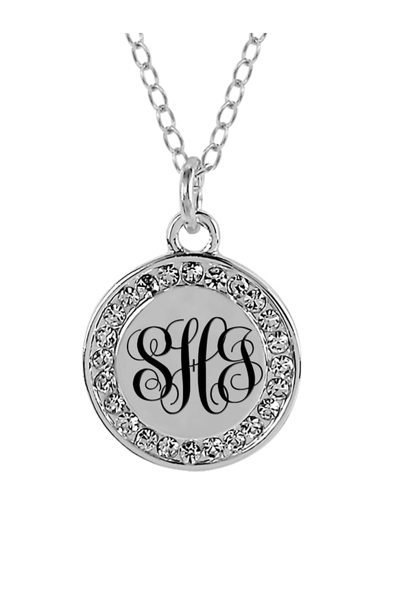 Personalized Silver Plated or Gold Tone Laser Engraved 2-Initial Disk Necklace with Cubiz Zirconia On Border with 18 inch Link Chain. Spring Ring Clasp.