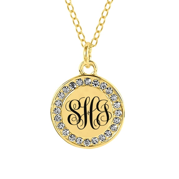 Personalized Silver Plated or Gold Tone Laser Engraved 2-Initial Disk Necklace with Cubiz Zirconia On Border with 18 inch Link Chain. Spring Ring Clasp.