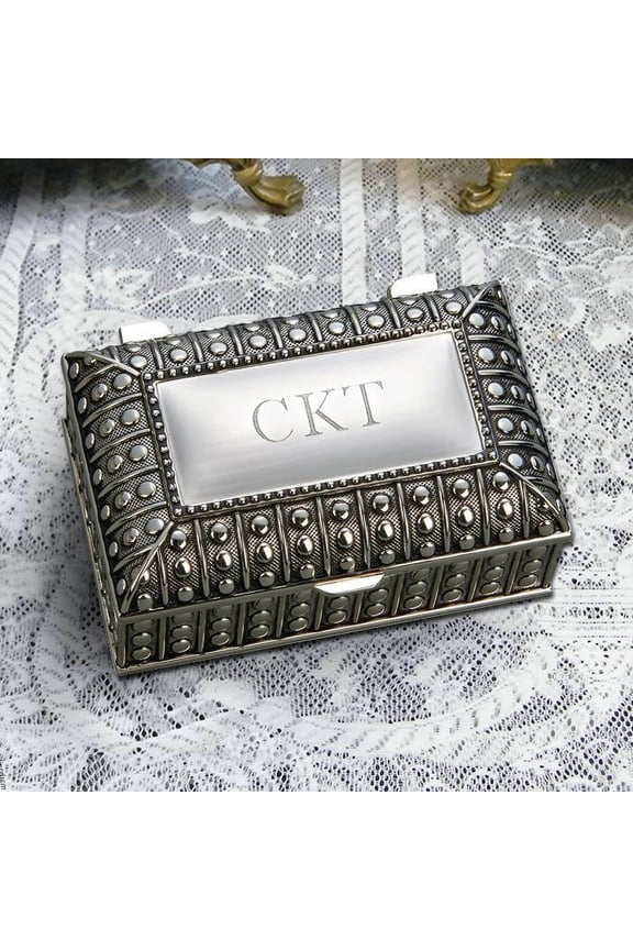 Personalized Silver Plated Rectangular Jewelry Box with Beaded Antique Design