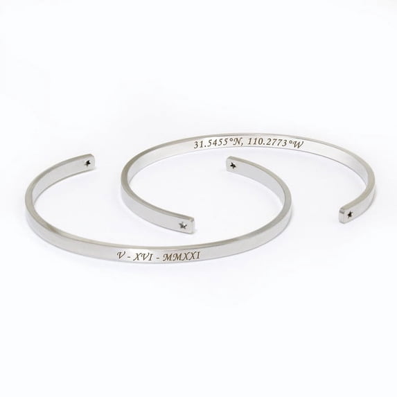 Personalized Silver Stainless Steel Stretchable Cuff Bangle Bracelet - Laser Engraved Dainty Bracelet - Non Tarnish - Stackable Bracelet - Gift for Her Gift Set