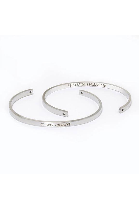 Personalized Silver Stainless Steel Stretchable Cuff Bangle Bracelet - Laser Engraved Dainty Bracelet - Non Tarnish - Stackable Bracelet - Gift for Her Gift Set