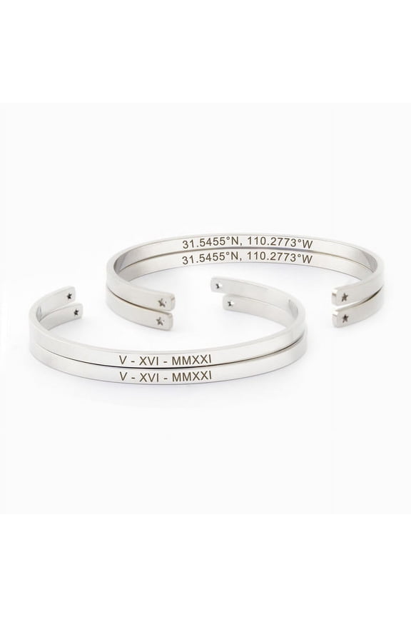 Personalized Silver Stainless Steel Tarnish Resistant Cuff Bangle - Gift for Her Bracelet Set - Anniversary Gift for Couples - Stackable Bangles - Ships Next Day