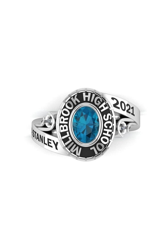 Personalized Silver Tone Teal Blue Stone Graduation Ring Customizable School Name Year Inside Engraving with Clear Side Accents 925 Sterling Silver