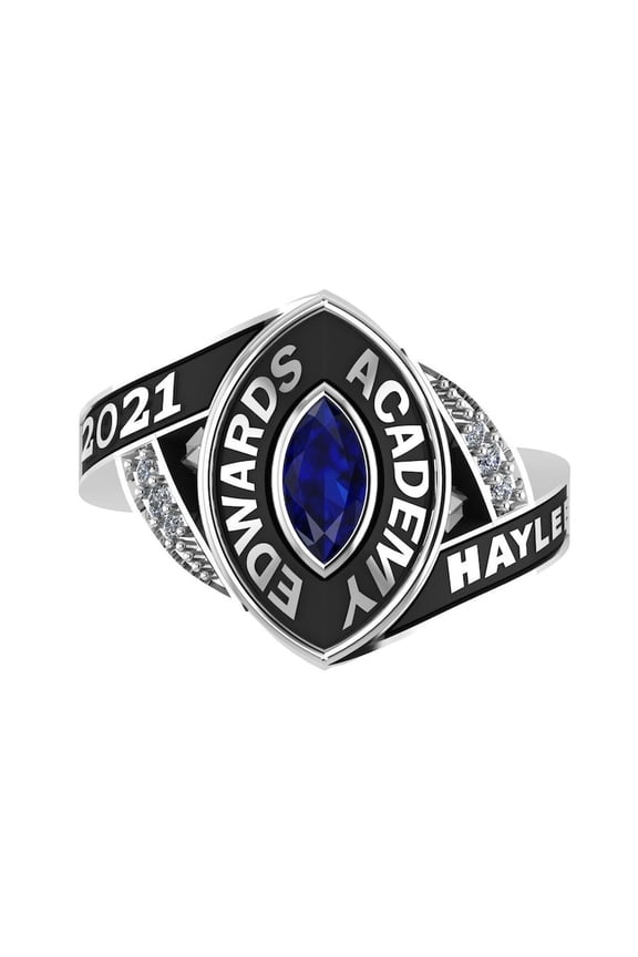 Personalized Silver Tone with Blue Marquise Cut Center Stone Custom Class Ring Customized School Name Year Inside Engraving 925 Sterling Silver