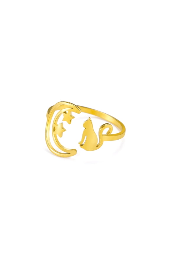 Personalized Simple Women's Crescent Star Cat Ring