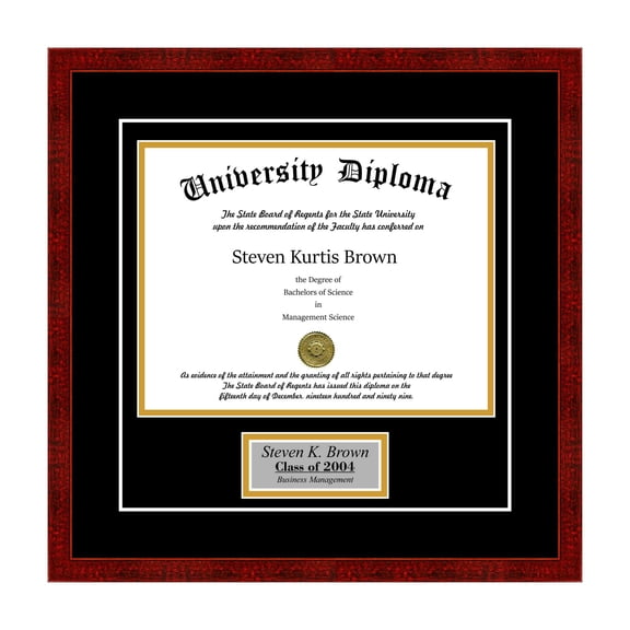 Personalized Single Diploma Frame with Double Matting for 10" x 8" Tall Diploma with Black 3/4" Frame